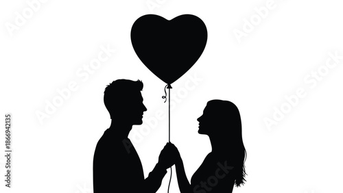 A romantic couple in love holding a heart-shaped balloon together
