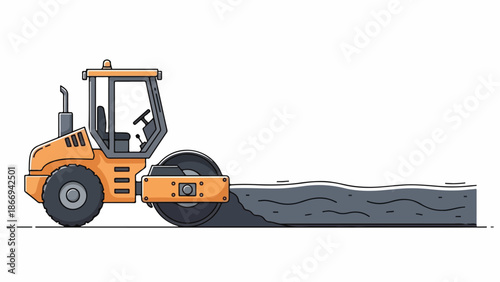 Illustration of a yellow road roller with a large drum flattening asphalt on a white background.