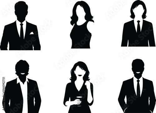 Business portrait silhouettes set featuring professional men and women upper body profiles isolated on white background for corporate identity and branding design