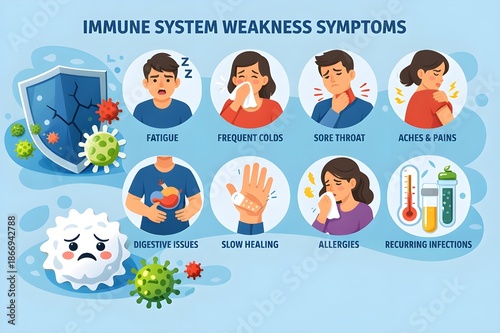 Immune System Weakness Symptoms White Blood Cells and virus Icons flat vector 
