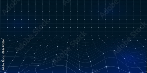 Futuristic Blue Grid Landscape With Dots And Wavy Mesh In Digital Horizon