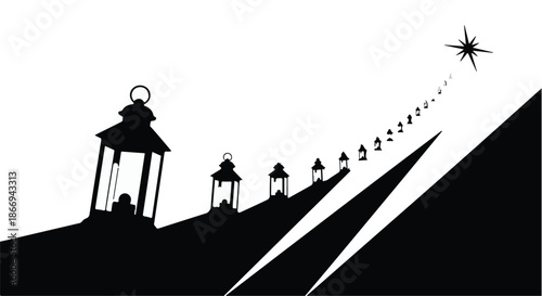 Guiding lights illuminate a path towards a distant star, symbolizing hope and aspiration.