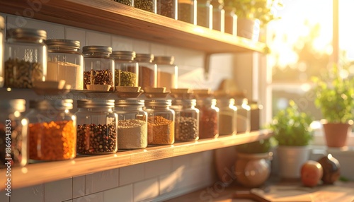 Wallpaper Mural Kitchen shelves showcasing various spices in glass jars, bathed in sunlight Torontodigital.ca