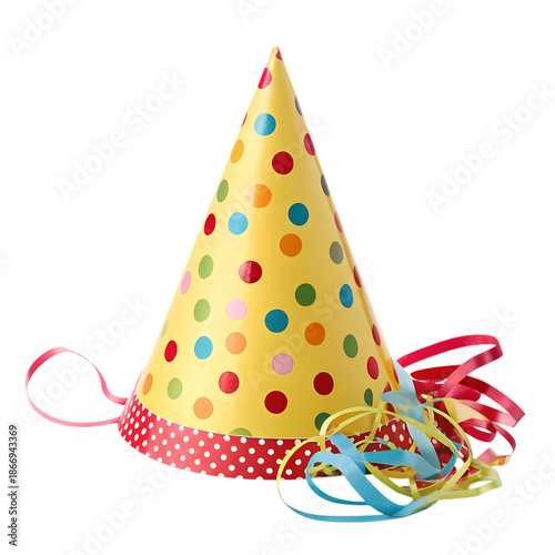 Yellow polka dot party hat with ribbons, background removal and transparency