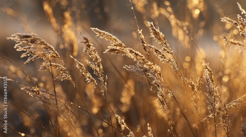 Fototapeta premium Frost covered tall grass stalks illuminated by golden hour sunlight winter nature