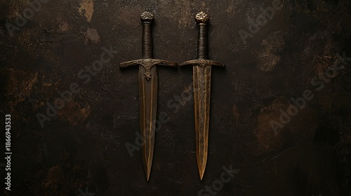 constancies. Two ancient bronze swords with complementary patina on a dark surface. event programs, museum guides, designed for cultural heritage projects and event programs.