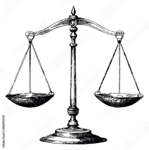 Hand drawn line art illustration of a balance scale depicting equilibrium and justice for legal and fairness concepts
