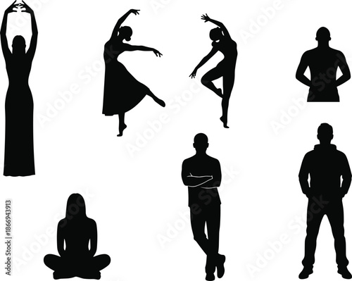 Collection of male and female dancer and standing human silhouettes in expressive poses isolated on white background vector illustration