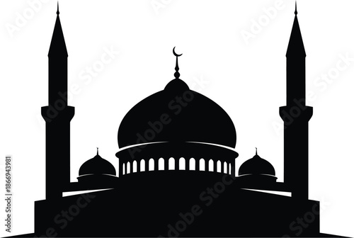 Mosque silhouette with crescent moon, Islamic architecture, spiritual building