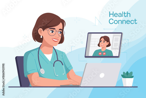 Female physician conducting remote patient consultation via digital tablet screen in workplace