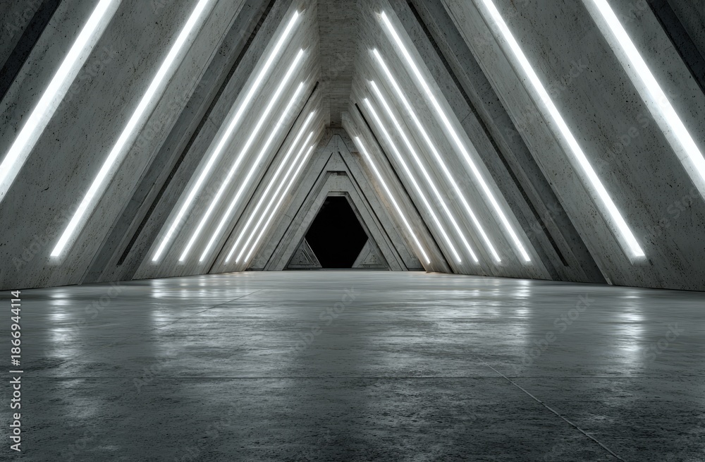 Obraz premium Futuristic, geometric tunnel with bright linear lights, concrete textures, and a dark opening