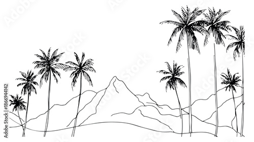 Hand drawn line art tropical landscape set featuring palm trees and mountains for summer vacation designs