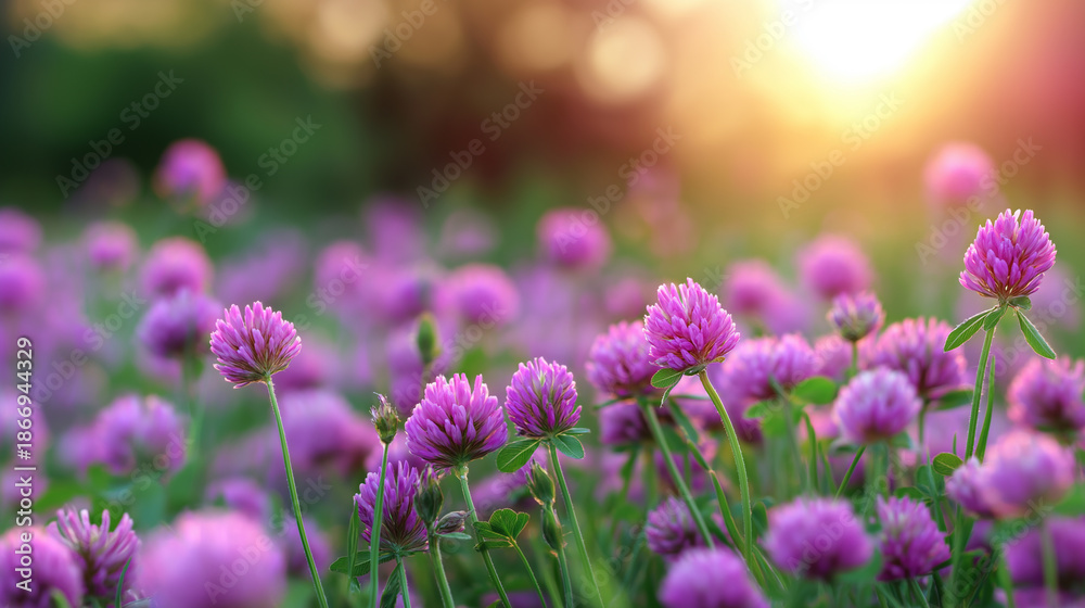 Obraz premium Purple clover flowers blooming in a sunlit meadow, symbolizing nature, growth, and peaceful spring scenery.