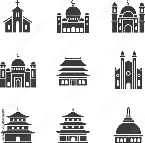 Religious Buildings Icons Set - Church, Mosque, Pagoda, Stupa Vector Silhouettes