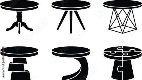 Collection of round table silhouette designs showcasing modern, classic, abstract, and geometric furniture styles for interior design, icons, and branding use