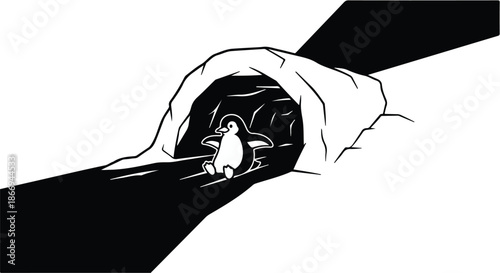 A solitary penguin waddles out of a dark cave into bright sunlight, symbolizing hope and new beginnings.