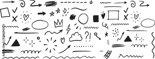 A collection of various black doodle shapes and symbols on a white background
