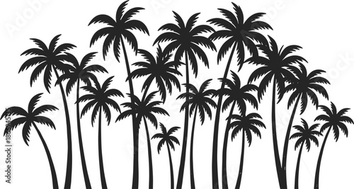 Dense palm tree forest silhouette illustration with tall tropical coconut palms, minimalist black nature graphic isolated on white background