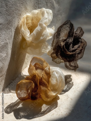 Minimalist fabric flat lay photography with layered sheer and matte textiles in neutral tones, soft natural light and subtle shadows, clean editorial style