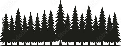 Dense pine tree forest silhouette illustration forming continuous evergreen woodland line, minimalist black nature landscape isolated on white background
