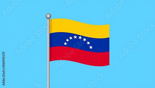 Venezuelan flag waving on a flagpole against a clear blue sky