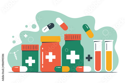 Colorful illustration of various medical pills bottles and laboratory test tubes