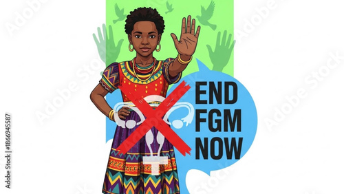 Woman protesting against Female Genital Mutilation illustration for awareness and human rights campaigns end FGM concept