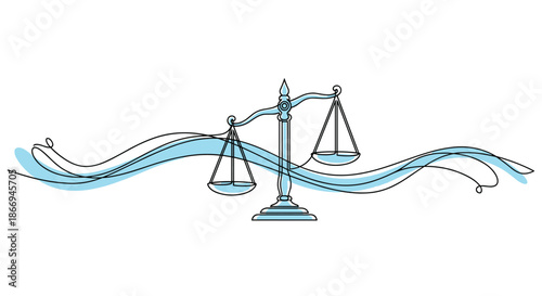 Minimalist continuous line drawing of the scales of justice with a blue wavy background representing law and equity.