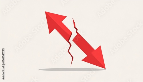 A broken red arrow symbolizing decline and failure pointing in opposite directions on a plain background
