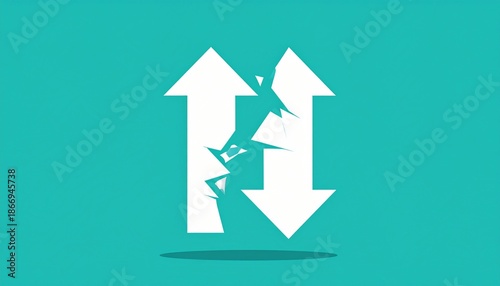 A person climbing between two large arrows pointing in opposite directions on a teal background