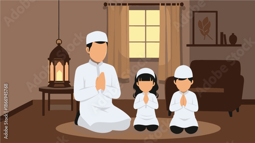 Flat Illustration of a Muslim Father and His Children Praying Together at Home During Ramadan