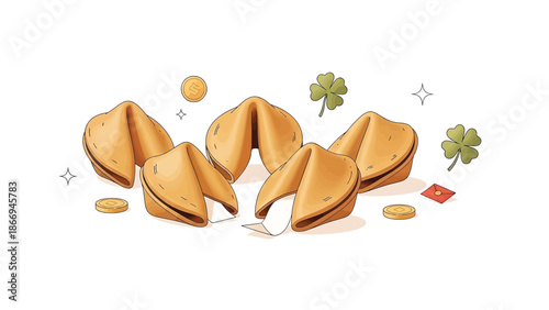 Fortune Cookies with Subtle Lucky Elements Flat 2D Vector Illustration on White Background