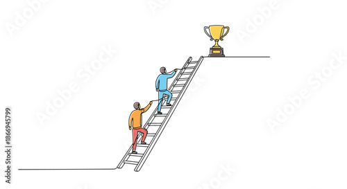 Two people climbing a long ladder together reaching for a large golden trophy cup symbolizing teamwork and success.