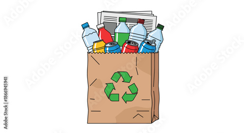Brown paper grocery bag filled with various recyclable items like plastic bottles and newspapers with a recycling symbol.