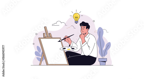 Artist character sitting in front of a large canvas on an easel with a bright lightbulb idea symbol above his head.