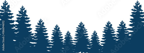 Evergreen pine tree forest silhouette border in deep blue tones, minimalist woodland landscape illustration isolated on white background