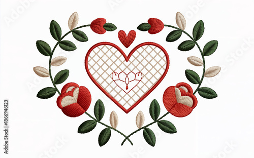 Embroidered heart with roses and leaves embroidery