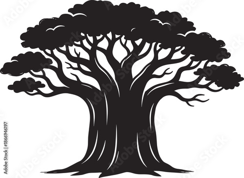 Majestic black baobab tree silhouette with wide spreading branches isolated on white background, elegant nature illustration for branding and creative design