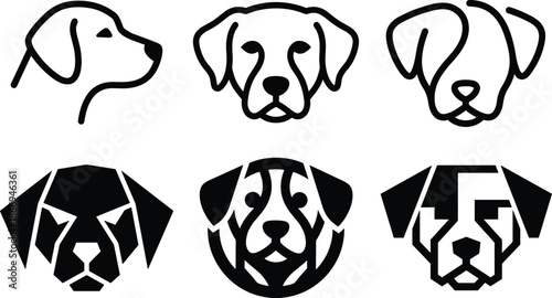 Minimal dog head logo collection featuring line art and geometric styles for pet branding, veterinary identity, and modern animal design