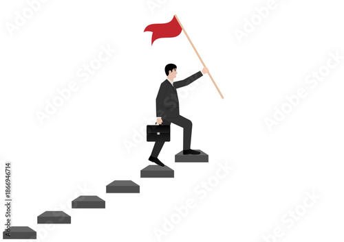 Businessman holding Victory Flag while walking upstairs. Goal Achievement and Business Success Concept. Vector Illustration.