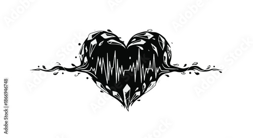 Abstract heart with electrocardiogram line and organic vine elements