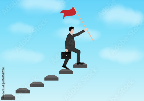 Businessman holding Victory Flag while walking upstairs. Goal Achievement and Business Success Concept. Vector Illustration.