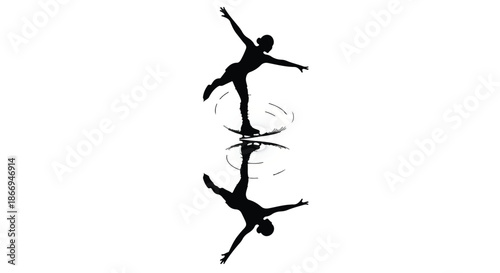 Graceful dancer's silhouette elegantly balances on water with reflection
