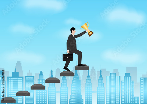 Businessman holding Trophy while walking upstairs. Goal Achievement and Business Success Concept. Vector Illustration.