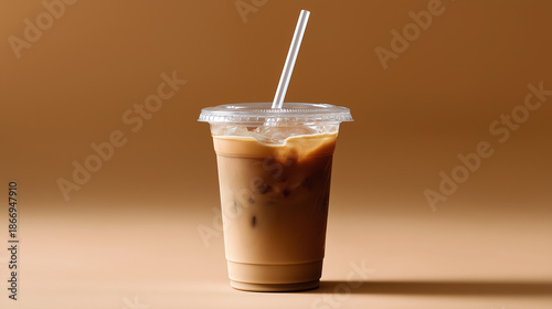 Iced coffee with milk served in a transparent plastic cup, symbolizing refreshment, modern café culture, and summer lifestyle.
