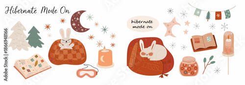 Cozy rabbit in hibernate mode with candles and books