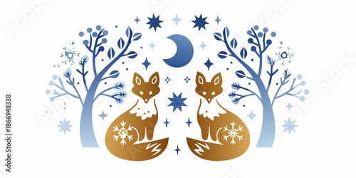 A whimsical illustration featuring two foxes under a crescent moon and stars