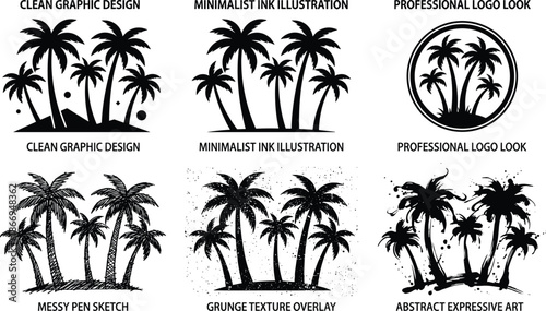 Palm tree silhouette set showing six design styles including minimalist ink, logo, grunge texture, messy sketch, and abstract art on white