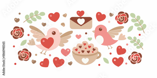 A charming illustration featuring lovebirds hearts roses and a sweet treat
