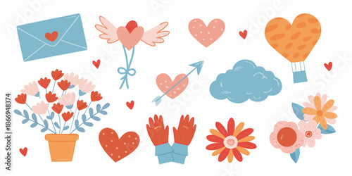 Valentine s day themed illustrations hearts letters flowers and love symbols